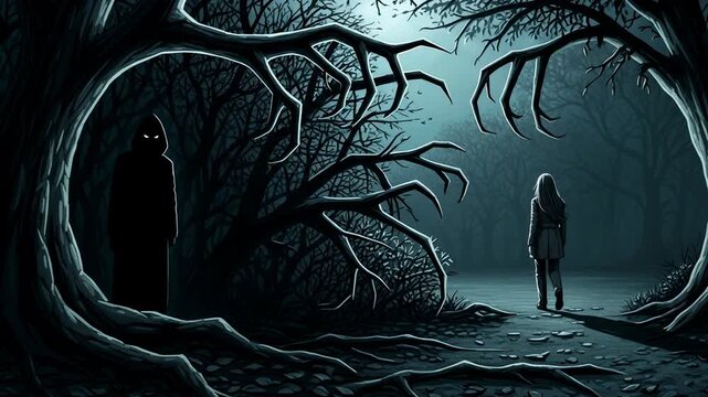 Mysterious hooded figure stalking a woman in a dark spooky forest at night. Creepy criminal scenario with a lonely victim walking through a scary woodland area.