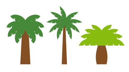 Obraz premium Three distinct cartoon-style palm trees with varying shapes and shades of green, isolated on a white background.
