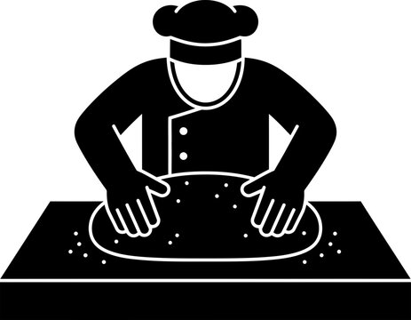 Chef man kneading dough on a table for bakery, cooking, and food preparation. Monochrome vector icon illustration