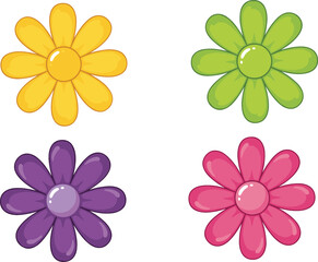 Obraz premium Colorful cartoon flower icons set with yellow green purple and pink blossom shapes decorative floral vector illustration collection