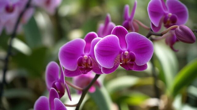 Macro view of a blooming magenta moth orchid branch in a tropical garden setting, featuring layered purple petals with white borders and a detailed labellum under natural light.