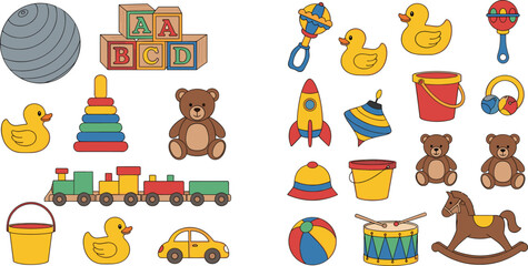 Fototapeta premium Bright and Playful Toy Set with Bears, Blocks, Cars, Ducks, Balloons, Drums, and Fun Childhood Items for Kids' Designs