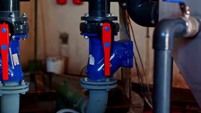 Industrial piping and valves in mechanical room, blue pipe fittings with red lever handles, pump and filter system, utility infrastructure, maintenance footage, pan right