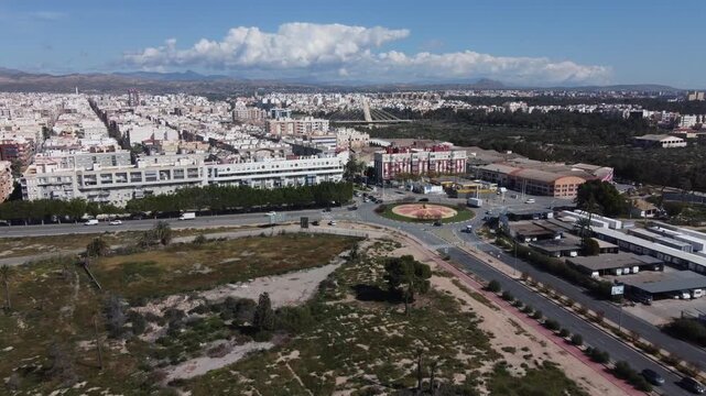 Aerial approach to the town of Elche, Spain