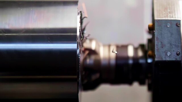 Close up slow motion of a metal lathe turning a steel cylinder, cutting tool machining rotating shaft with metal shavings in precision manufacturing workshop