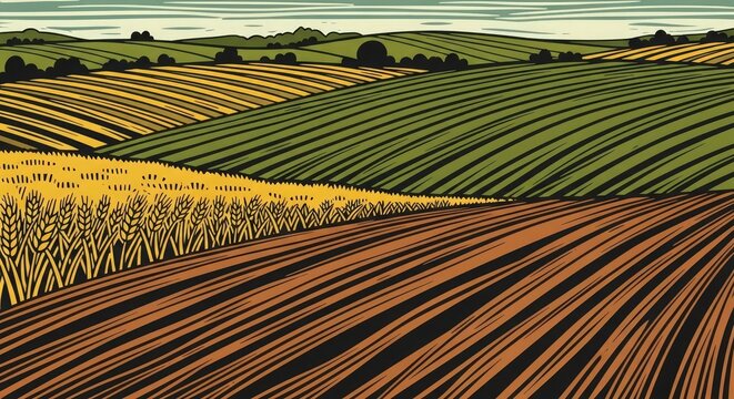 Vibrant illustration of rolling agricultural fields with varied crops under a serene sky