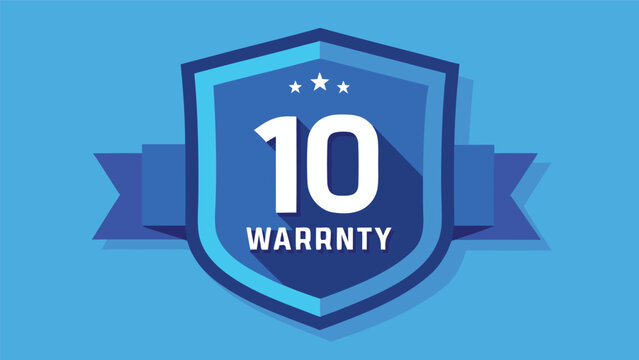 A blue shield emblem with "10 WARRNTY" and three stars, set against a light blue background with a darker blue ribbon banner, signifying a 10-year warranty or guarantee