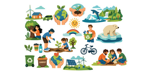 Fototapeta premium green planet set environmental care wildlife plants conservation vector