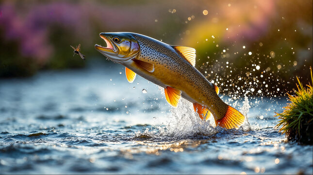 Trout jumps from water to catch insect near riverbank during sunset