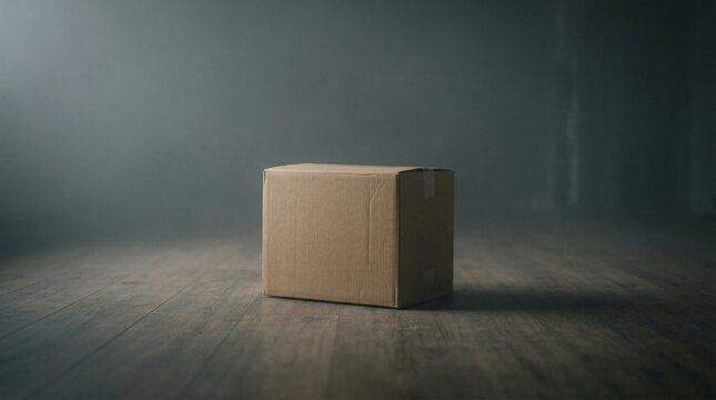 A plain cardboard box sits on a wooden floor in a dimly lit room, evoking a sense of mystery and anticipation for what's inside