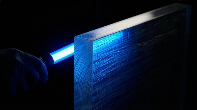 Industrial transparent wood panel slab subjected to neon UV resistance stress test showing luminous waveguide grain properties Professional stock