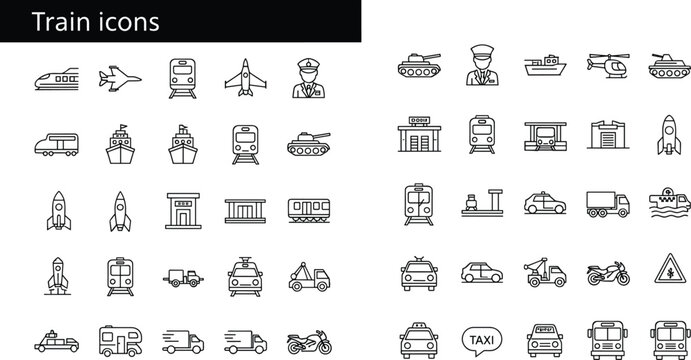 Transportation Icons Set with Trains, Planes, Cars, Boats, Rockets, and Vehicles for Urban and Travel Infrastructure