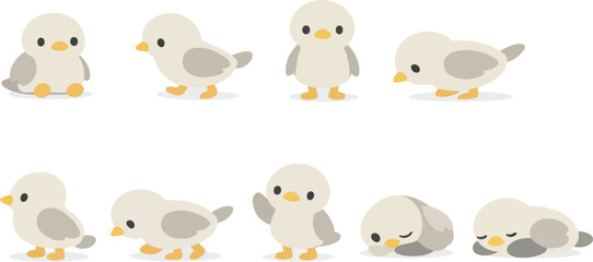 Fototapeta premium Charming Minimalist Bird Vector Set of 8 Cartoon Poses Sitting, Walking, Standing, Pecking, Stretching, Waving, Resting, Sleeping, Clean Flat Modern Design, High-Resolution Artwork
