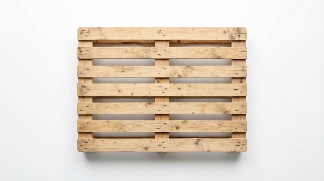 A simple wooden pallet viewed from directly above on a plain white background, showcasing its slatted structure