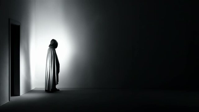Hooded man standing in doorway of dark basement. Mysterious intruder waiting in shadows for criminal attack. Suspenseful scene of stalker in empty interior area.