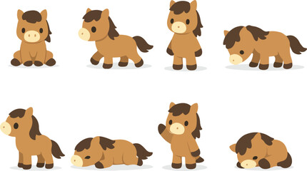 Obraz premium Horses Vector Illustration Set of 8 Cute Poses Sitting, Walking, Standing, Sniffing, Waving, Resting, Flat Cartoon Style, Clean Modern Design, High-Resolution Artwork