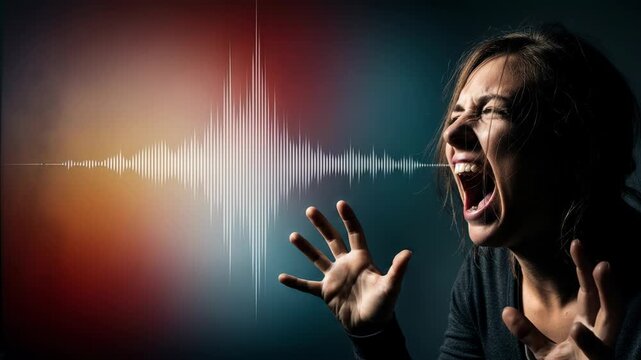 Caucasian woman screaming in distress with digital sound wave visualization. Victim crying for help during criminal assault. Psychological trauma and panic concept.