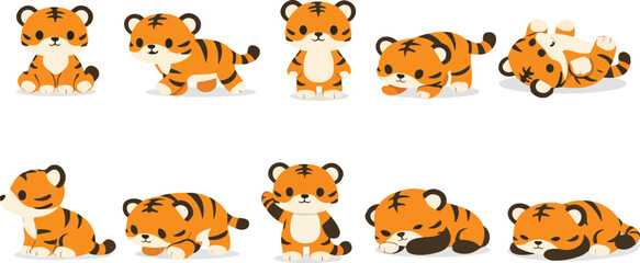 Obraz premium Cute Cartoon Tiger Clipart Set – Adorable Orange Baby Tigers in Playful Poses for Kids Designs