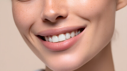 Naklejka premium Closeup of smiling woman mouth with healthy white teeth.