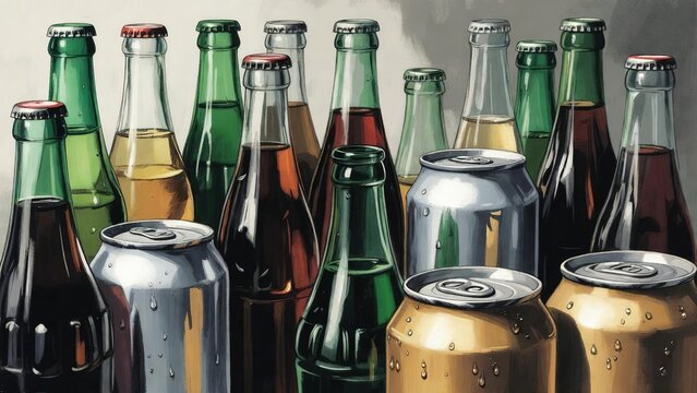Collection of diverse beverage bottles and cans with condensation