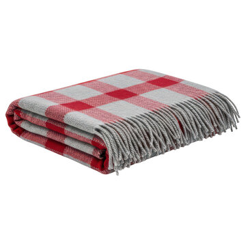 Folded red and grey plaid wool blanket with fringe edges