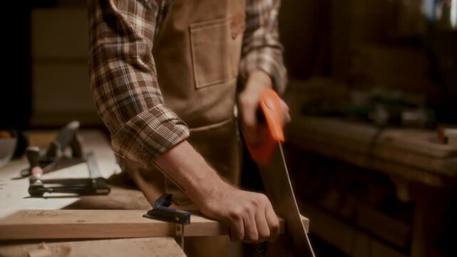 Professional carpenter cutting wooden board with handsaw on workbench in woodworking workshop, holding timber firmly with clamp and checking edge after shaping. Tilt down shot