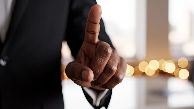 African American male in a black suit points with his finger, then draws a line, and finally creates a check mark in the air against a blurred background of lights
