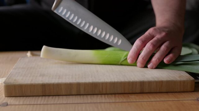 Slicing a Fresh Leek Close-up