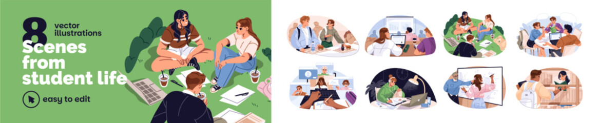 Naklejka na ściany i meble Students' life in university set. Teens are learning with books in library. Friends study together outdoors. Girls and boys are at lecture, video call. Flat isolated vector illustrations on white