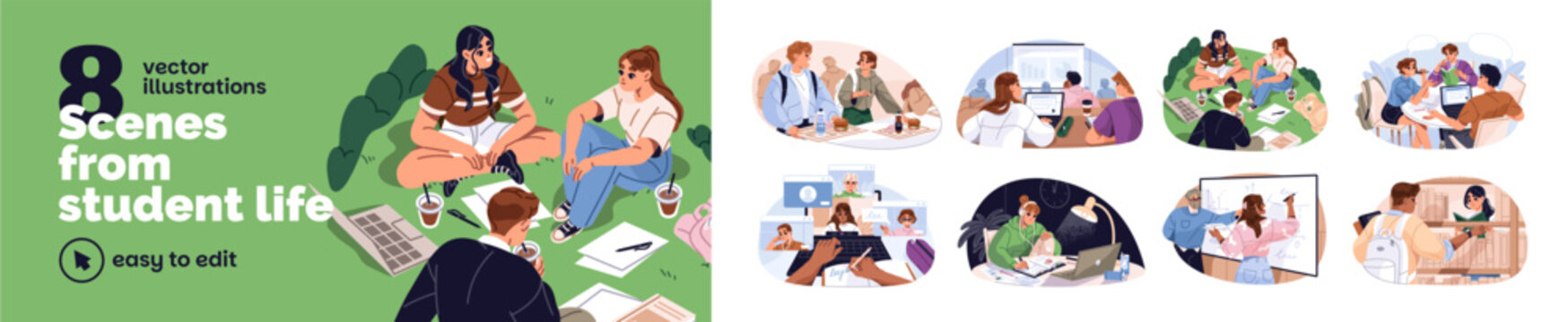 Students' life in university set. Teens are learning with books in library. Friends study together outdoors. Girls and boys are at lecture, video call. Flat isolated vector illustrations on white