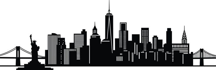 Obraz premium New York City skyline silhouette with Statue of Liberty, Brooklyn Bridge, One World Trade Center and Chrysler Building, iconic American landmarks urban cityscape vector illustration