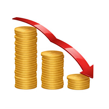 Stack of gold coins with a downward red arrow indicating decrease in value