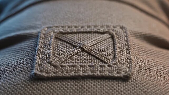 Close-up view of textured fabric with visible stitching detail, showcasing a square patch with cross-stitch pattern on a soft textile surface in natural lighting