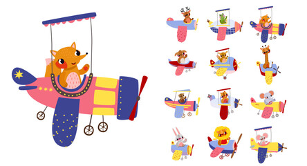 Collection of cartoon animals flying planes and one detailed biplane with a fox. Versatile element set for birthday party decorations, kids  activity books, and baby shower stationery © Ilona