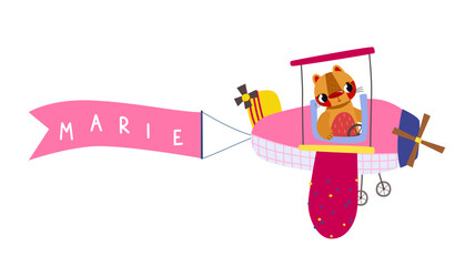 Cute cartoon tiger flying a pink biplane pulling a matching pink ribbon banner with MARIE. Perfect for a girl's custom name birthday decoration, baby girl announcement, or gift tag © Ilona