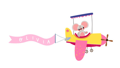Small cartoon mouse flying a cheerful yellow biplane with a wavy pink name banner for OLIVIA. Perfect for a girl's personalized birthday greeting card, baby shower, or nursery decor © Ilona