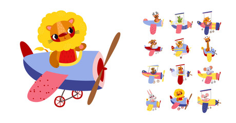 Fototapeta premium Mighty lion pilot on a playful blue airplane with a pink wing. Ideal for jungle-themed parties, courage themes, and baby boys. Cute cartoon art
