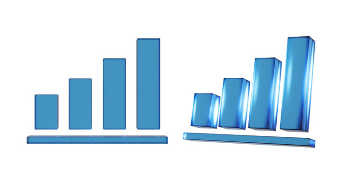数値が上昇する棒グラフのフラットなアイコンの3Dイラスト。透明感のある青いガラスのような質感のマーク。半透明なアクリルで切り出したようなクリアなアイコン。Clean-looking icons suitable for business and UI