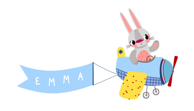 Adorable cartoon bunny pilot in a light blue airplane towing a blue flag banner reading EMMA. Great for personalized baby boy or girl birthday invites, newborn announcement, or nursery art