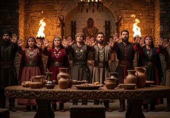 Fototapeta premium Group of statues with raised hands in a dimly lit setting with torches