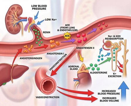 Renin-angiotensin-aldosterone system pathway infographic explaining blood pressure and volume regulation