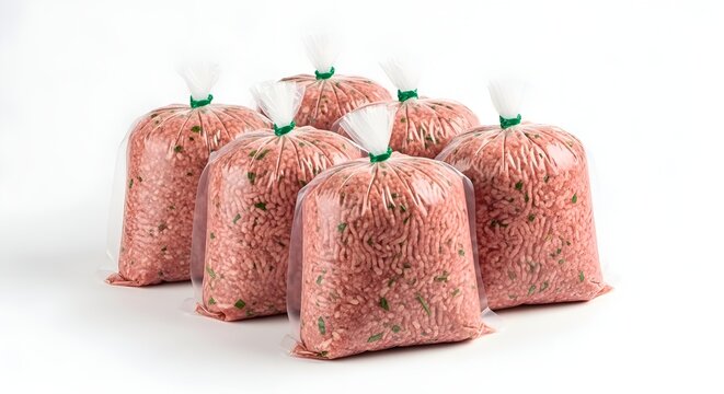 Six vacuum-sealed bags of fresh ground meat with green herbs on a white background