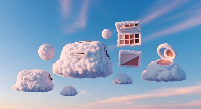 Fluffy cloud shaped makeup bags and beauty products floating in the air against a blue sky with pink clouds