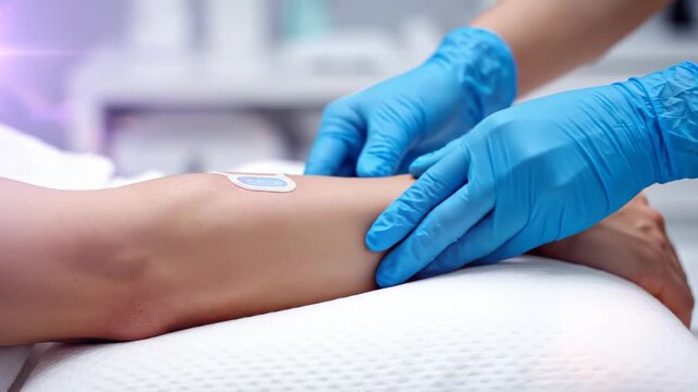 Female patient with light skin receiving medical treatment as healthcare professional in blue gloves applies adhesive bandage on arm in clinical setting