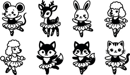 Obraz premium Black and white animal ballerinas in tutus dancing cute line art