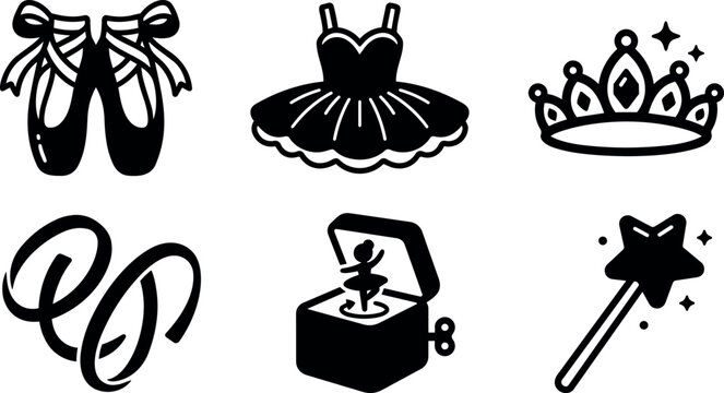 Black and white ballet shoes tutu crown rings music box and magic wand icons