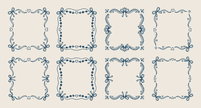 Classic bow frames, elegant swirl borders, decorative ribbon frames, ornate square design, sophisticated border set, vintage flourish frames, luxury invitation borders.

