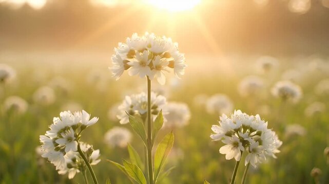 White flower cluster sunrise field warm light meadow blossom petal white wildflower cluster glowing golden sunrise soft bokeh warm light meadow blossom white flower cluster sunrise field warm light