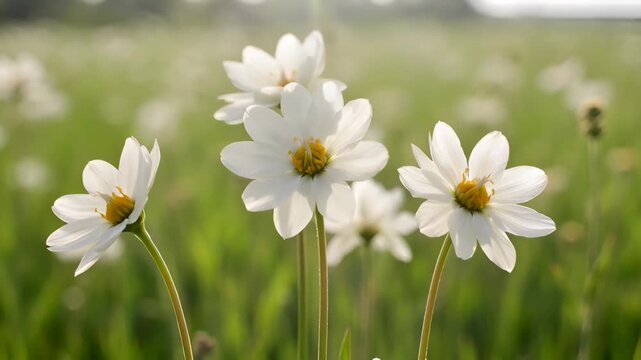 White daisy flower bloom closeup petal stamen meadow grass white yellow soft green bokeh warm sunlight gentle warm mood peaceful natural springtime scene