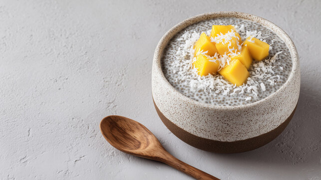 Tropical Dessert with Mango Cubes and Rice Texture